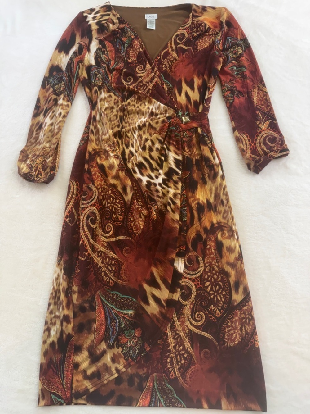 Vintage Cache Leopard Paisley Ruched Faux Wrap Dress Medium - Picture 12 of 14